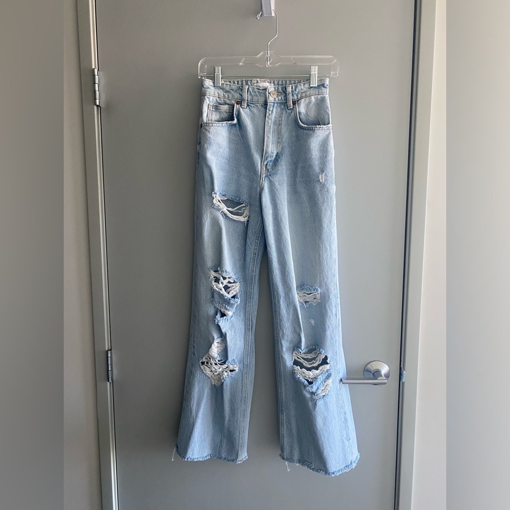 ZARA Ripped Straight Wide Leg Jeans